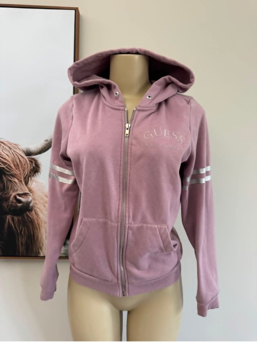 GUESS Mauve Hooded Zip-Up Jacket with Metallic Stripe Details